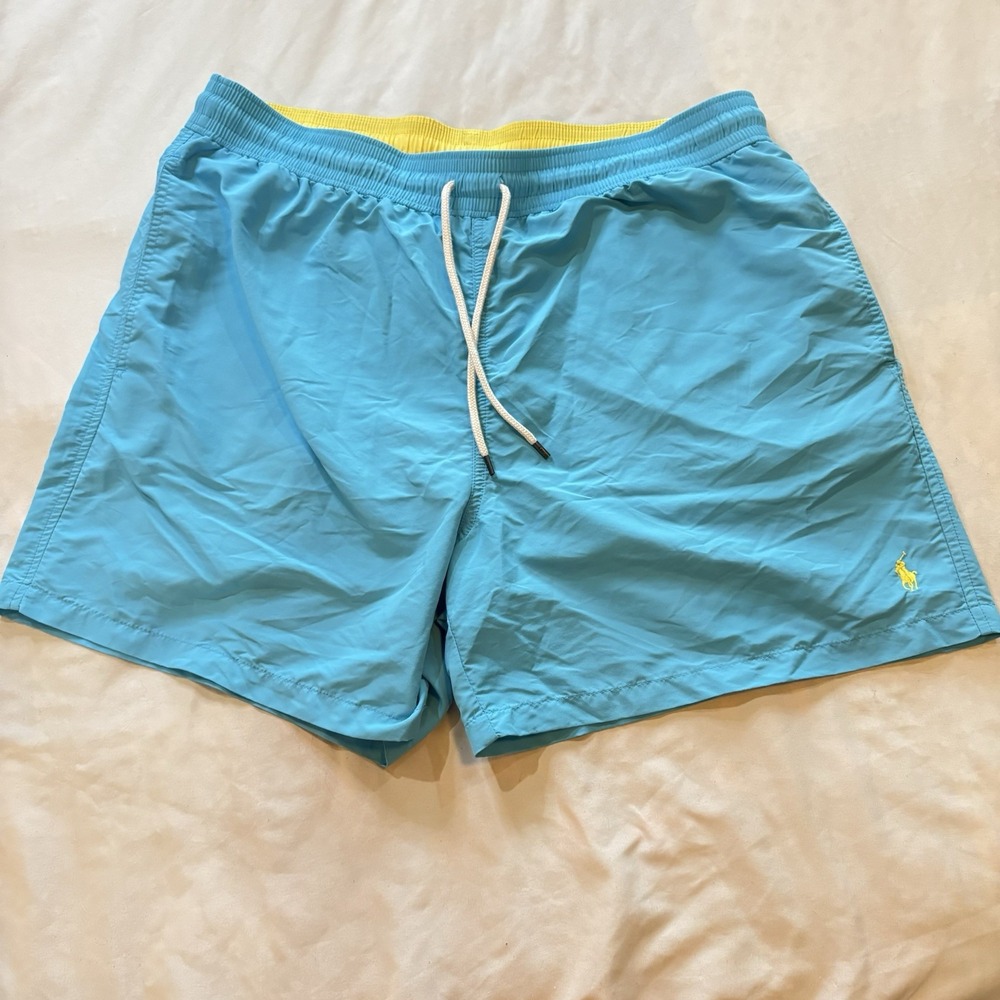 Polo Ralph Lauren Swim Trunks Shorts Men Lined Yellow Pony Size XXL Blue Beach